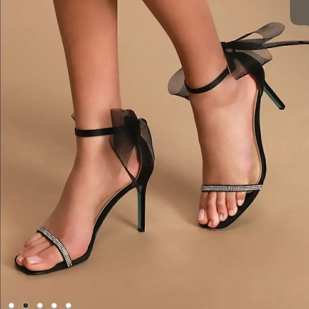 Betsy Johnson SB-Tori Black Satin Rhinestone Bow Ankle Strap